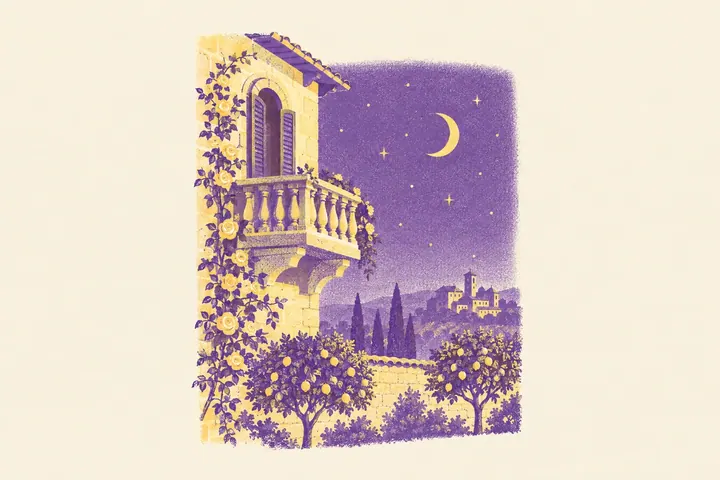 Illustration of a stone balcony on an Italian house at night under a crescent moon, with climbing roses and an orchard below