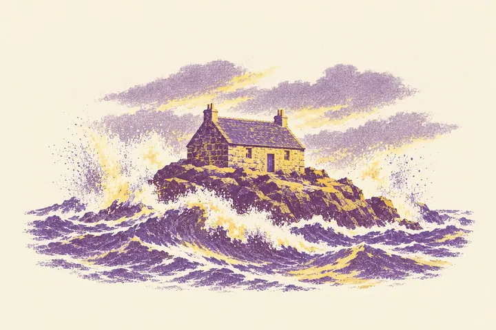 Illustration of a squat stone cottage on a bare rocky island, with huge storm waves breaking around it