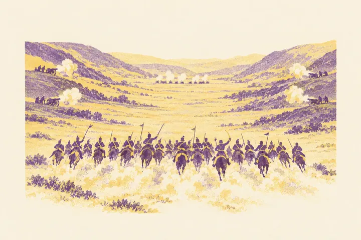 Illustration of Victorian cavalry charging down a long valley, seen from behind, with cannons firing from the hillsides