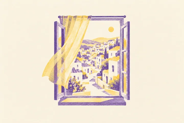 Illustration of an open window with a curtain lifting in the breeze, looking out on a sunlit city of white houses on the hills