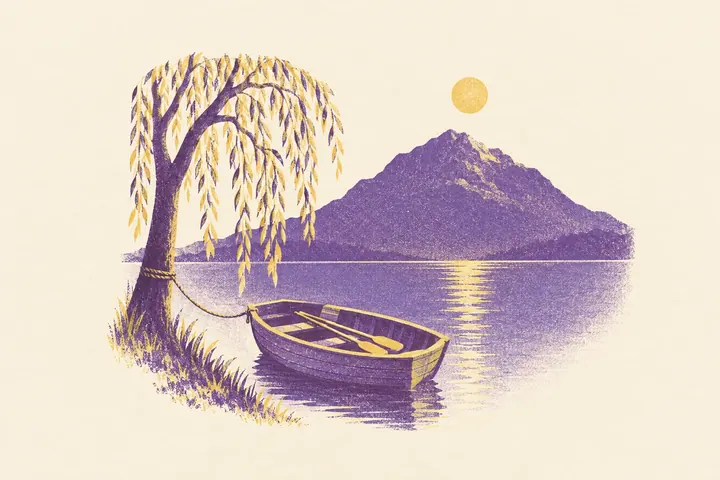 Illustration of a small rowing boat tied to a willow at the edge of a lake, with a huge dark mountain beyond the water