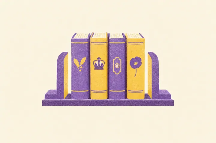 Illustration of four books standing on a shelf between two bookends, their spines marked only with small pictures: a sprig of holly, a crown, a doorbell and a poppy