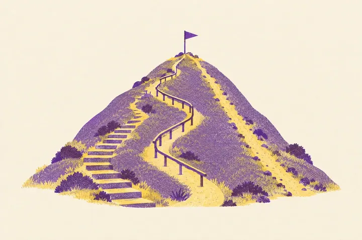Illustration of a gentle hill with three footpaths winding up it, one with steps, one with a handrail and one steep, all meeting at a flag on the top