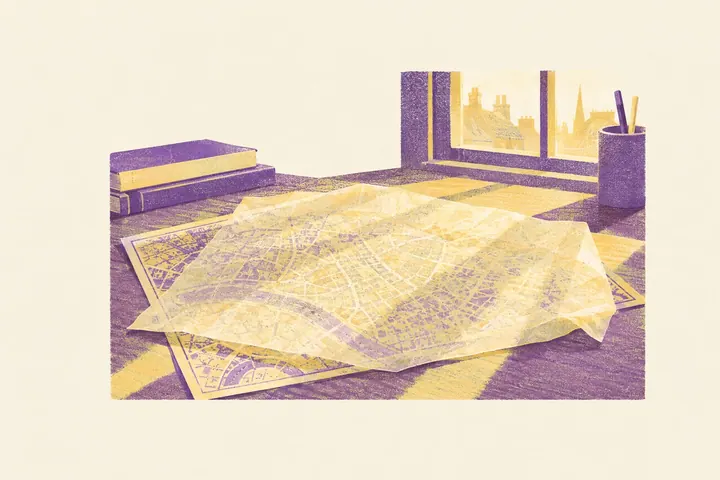 Illustration of a sheet of thin tissue paper laid over an old city map on a sunlit desk, the streets showing through