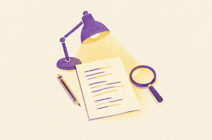 Illustration of a single sheet of paper under a desk lamp showing a short poem as uneven lines of plain marks, with a pencil and a magnifying glass beside it