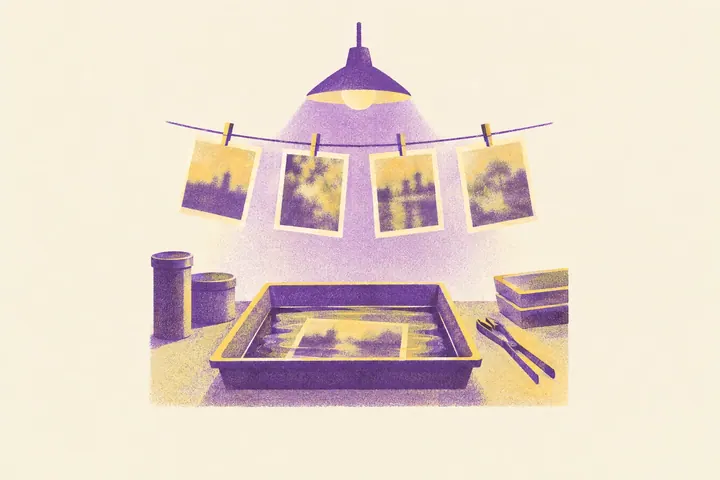 Illustration of a darkroom bench under a safelight, with a photograph appearing in a developing tray and prints pegged up to dry