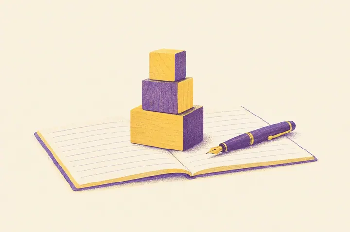 Illustration of three wooden building blocks stacked into a small tower on an open exercise book, the bottom block widest and the top block smallest