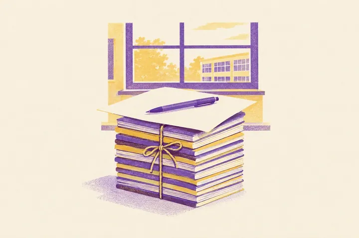 Illustration of a tall stack of exercise books tied with string, with one large sheet of paper laid on top and a violet pen across it, a classroom window behind