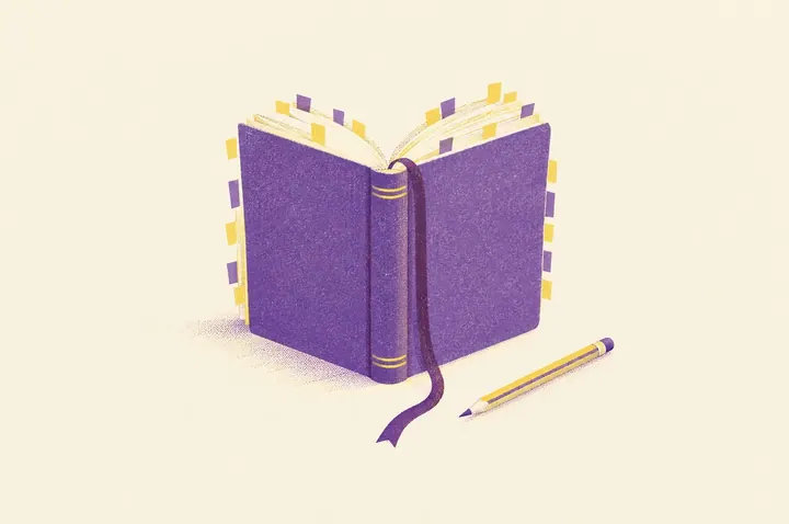 Illustration of a single thick novel standing open on a desk with dozens of slim paper tabs sticking out of its pages and a ribbon bookmark trailing down