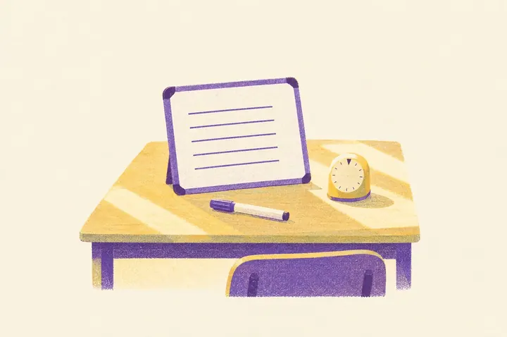 Illustration of a classroom desk at the start of a lesson: a mini whiteboard with five short plain lines drawn on it, a dry-wipe pen and a small kitchen timer