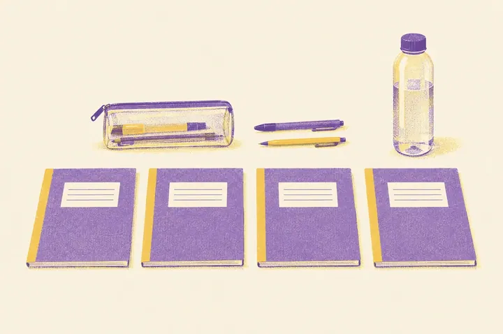 Illustration of four exam answer booklets laid in a neat row on a desk, with a clear pencil case, two pens and a bottle of water