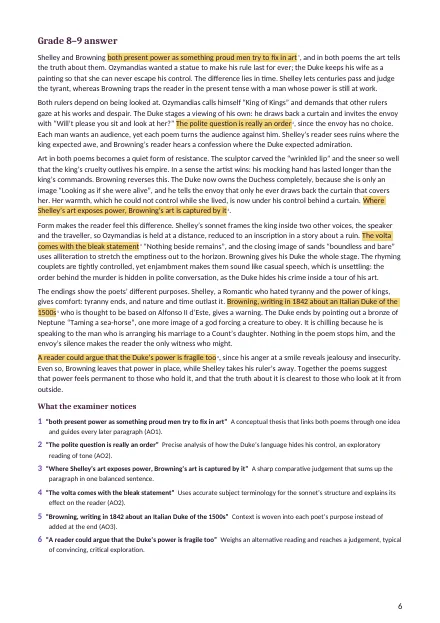 Model answers: A grade 8–9 answer with notes