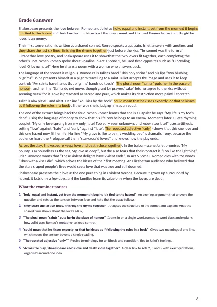 Model answers: A grade 8–9 answer with notes